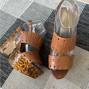 GUESS Platform Sandals Womens 7.5M Cognac Tan Leather Snake Print Block Heel Y2K